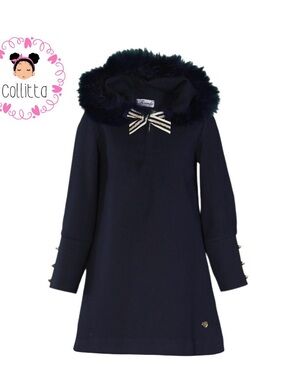 Girls' Navy Bow-Accent Faux-Fur Hood Coat